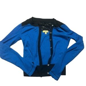 2000s Princess Vera Wang Royal Blue Cardigan Size Small Lace Crystal Buttons Y2K
